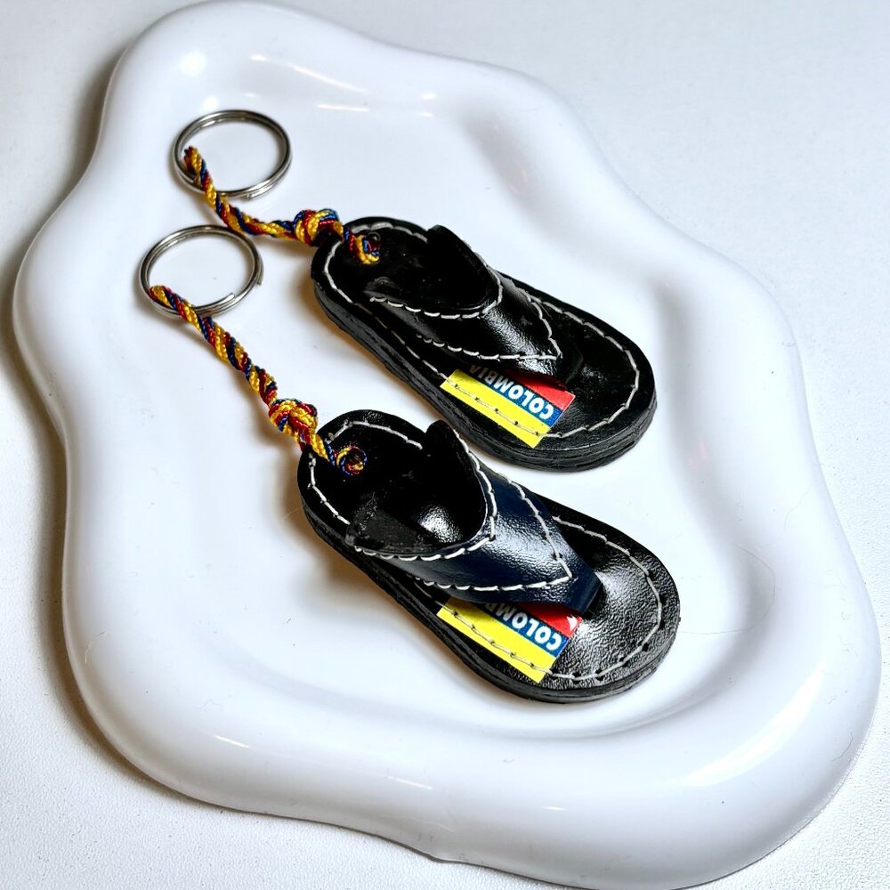 Pair of Two Columbia Black Leather Flip Flop Sandal Keychains